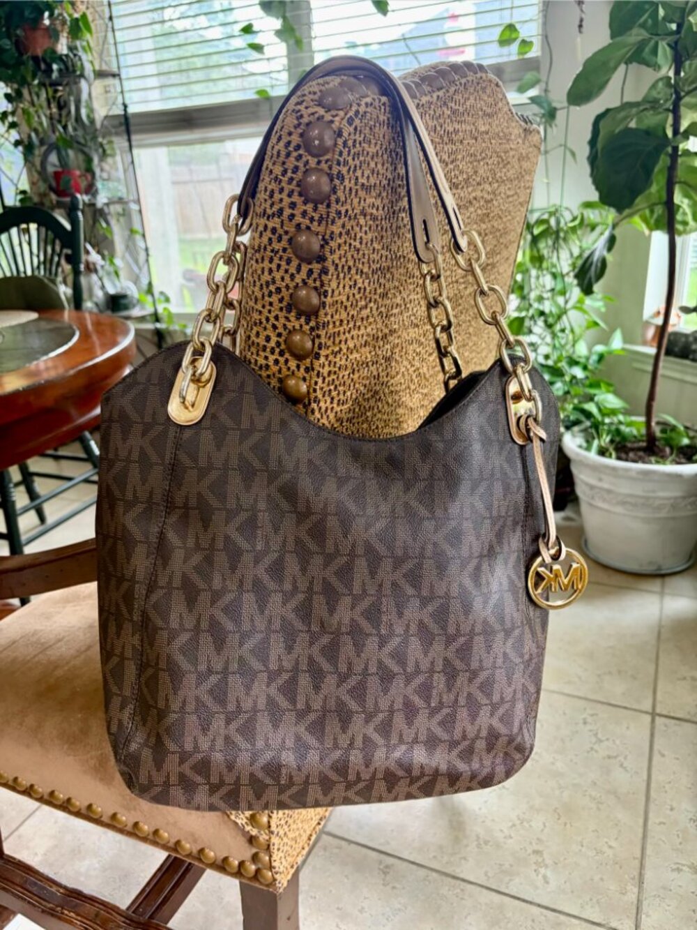 Michael Kors Brown Signature Coated Canvas Jet Set East/West Tote w/ Bag Charm